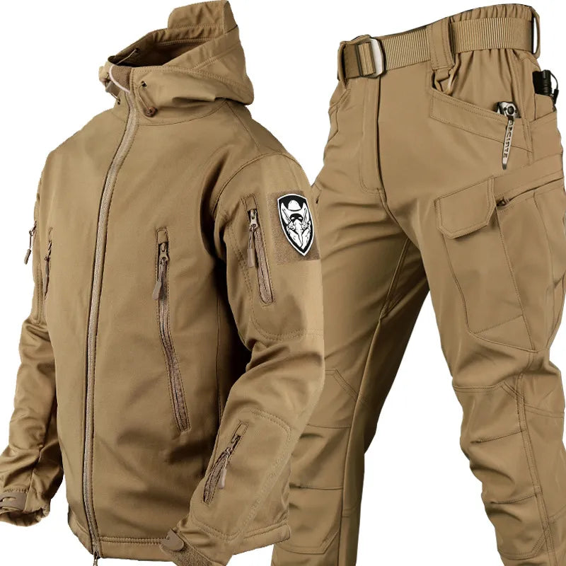 Męski komplet outdoorowy softshell, kurtka z kapturem i spodnie taktyczne z paskiem, na trekking i survival - Beżowy