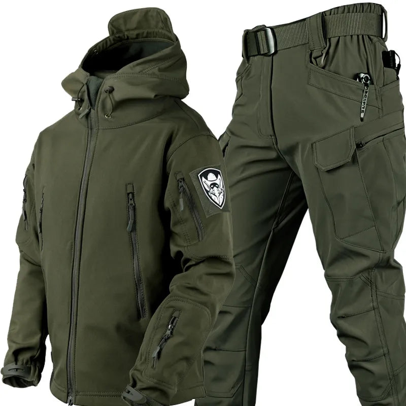 Męski komplet outdoorowy softshell, kurtka z kapturem i spodnie taktyczne z paskiem, na trekking i survival - Oliwkowy