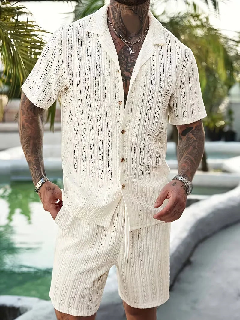 Męski letni komplet z ażurową koszulą z krótkim rękawem i szortami, na wakacje i na plażę - view 3