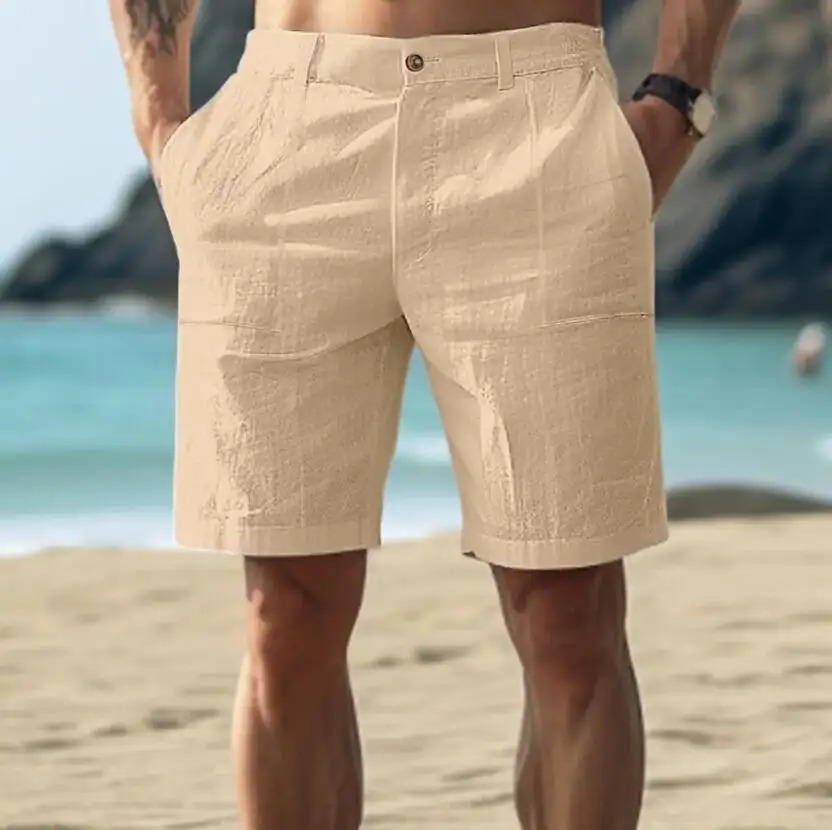 Spodenki lniane męskie luźne z kieszeniami, na lato i na plażę - Khaki