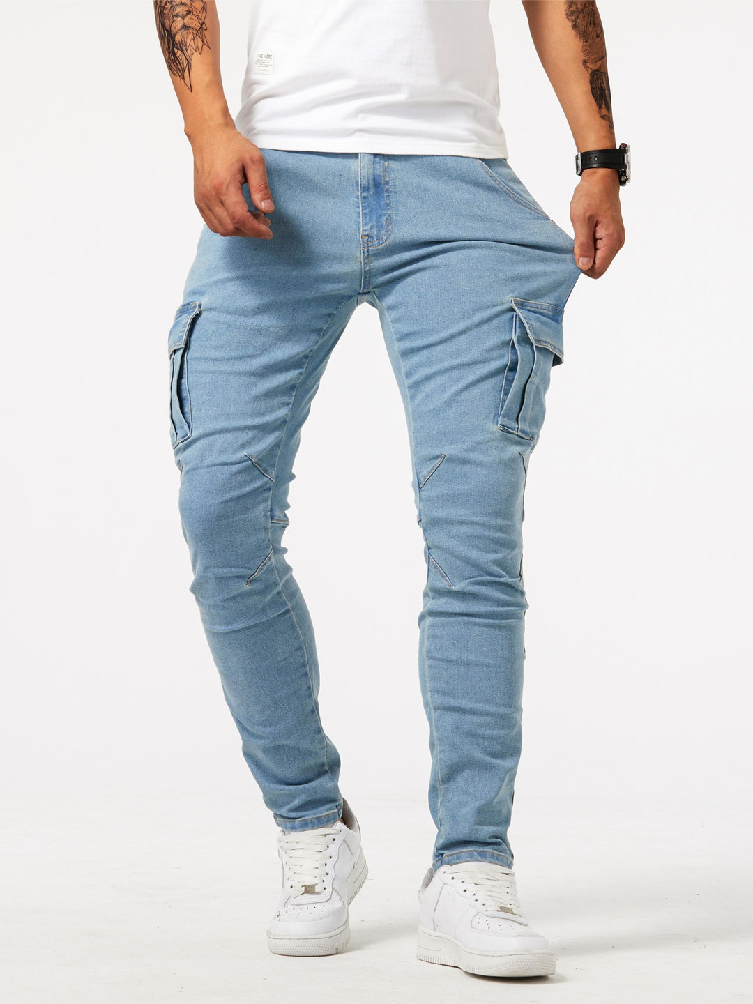 Spodnie cargo męskie jeansowe slim fit ze stretchem, z wieloma kieszeniami - zdjęcie 7