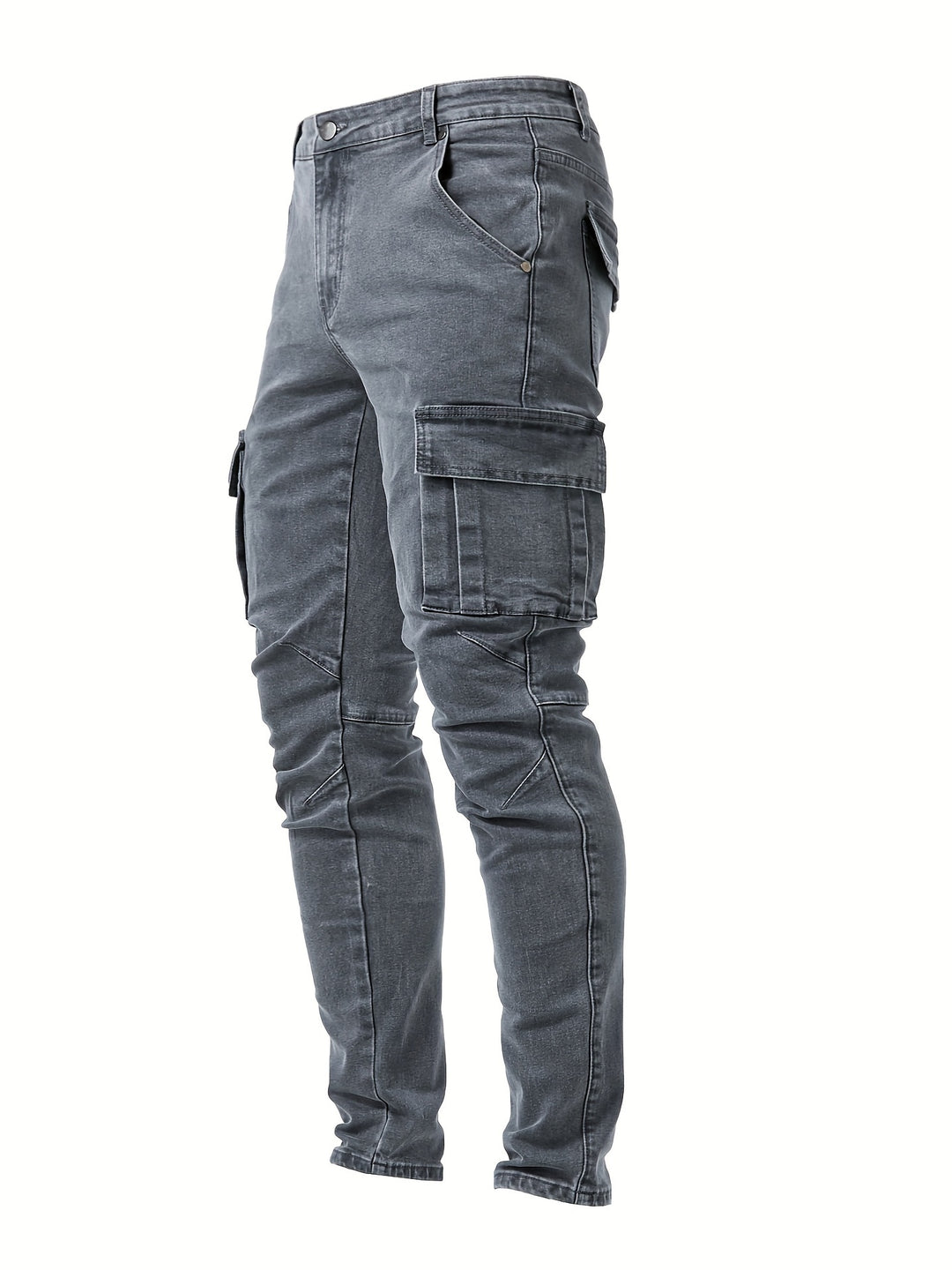 Spodnie cargo męskie jeansowe slim fit ze stretchem, z wieloma kieszeniami - Szary