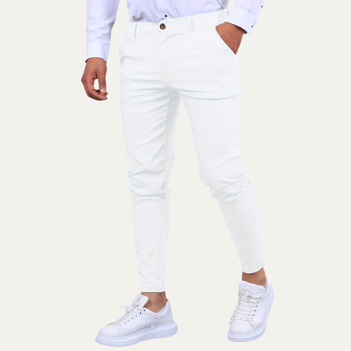 Spodnie chinosy męskie slim fit, casualowe na co dzień, do biura i na wesele - Biały