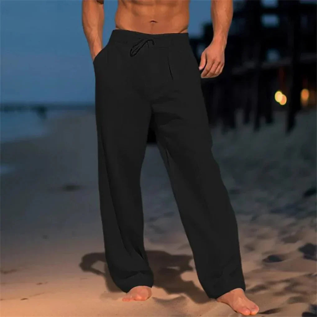 Spodnie lniane męskie eleganckie, luźne na lato, na plażę i na wesele - Czarny