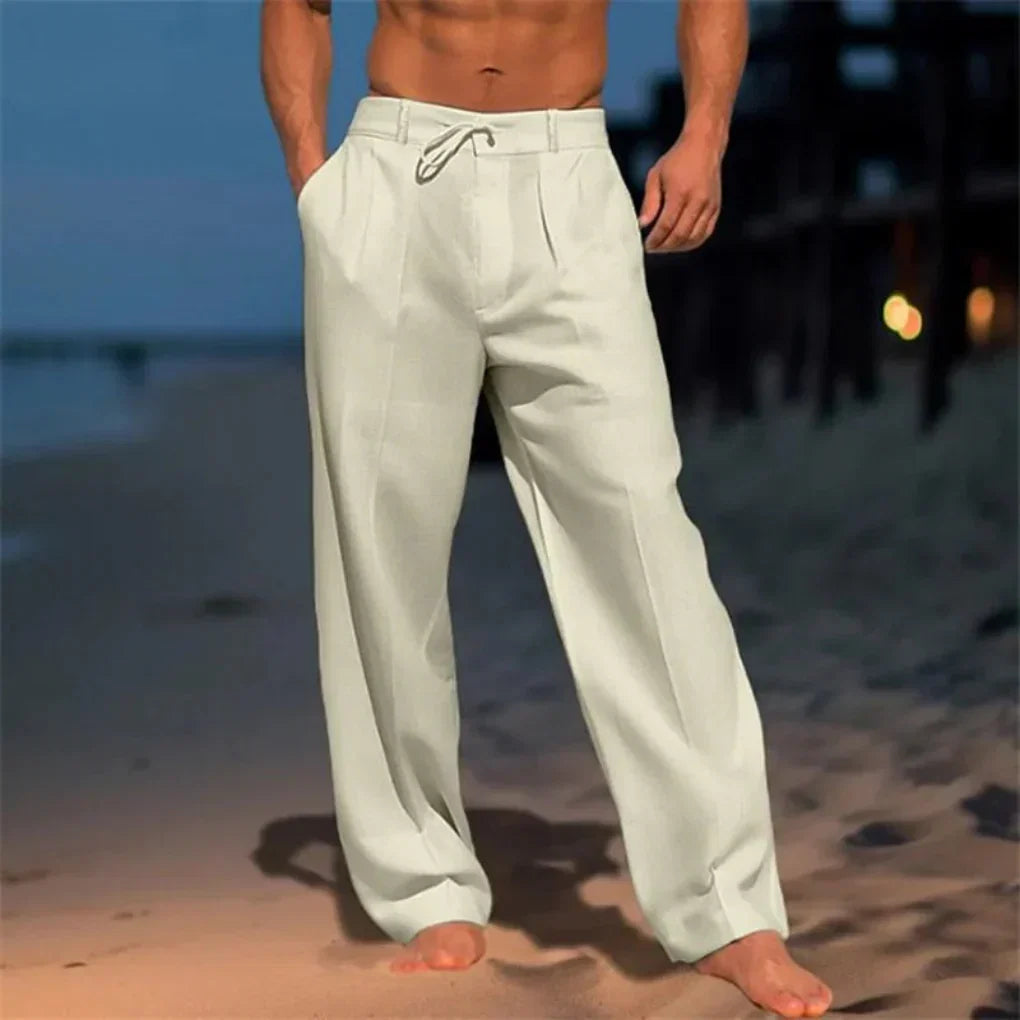 Spodnie lniane męskie eleganckie, luźne na lato, na plażę i na wesele - Khaki