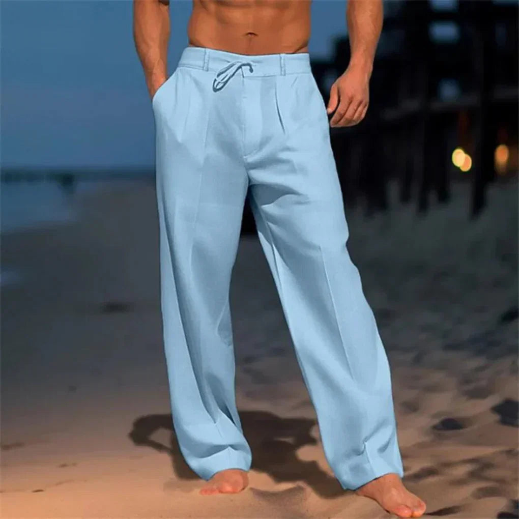 Spodnie lniane męskie eleganckie, luźne na lato, na plażę i na wesele - Niebieski