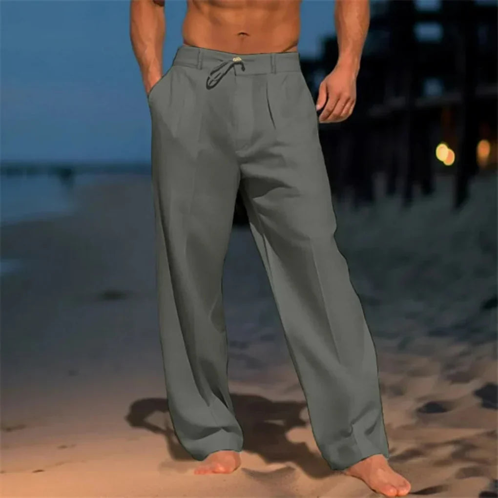 Spodnie lniane męskie eleganckie, luźne na lato, na plażę i na wesele - Szary