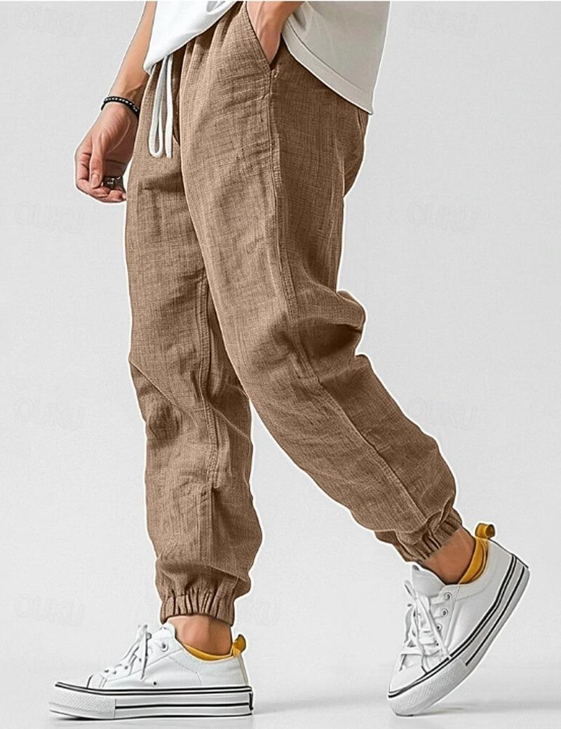 Spodnie lniane męskie luźne z gumką w pasie, na lato i na co dzień - joggery - Khaki
