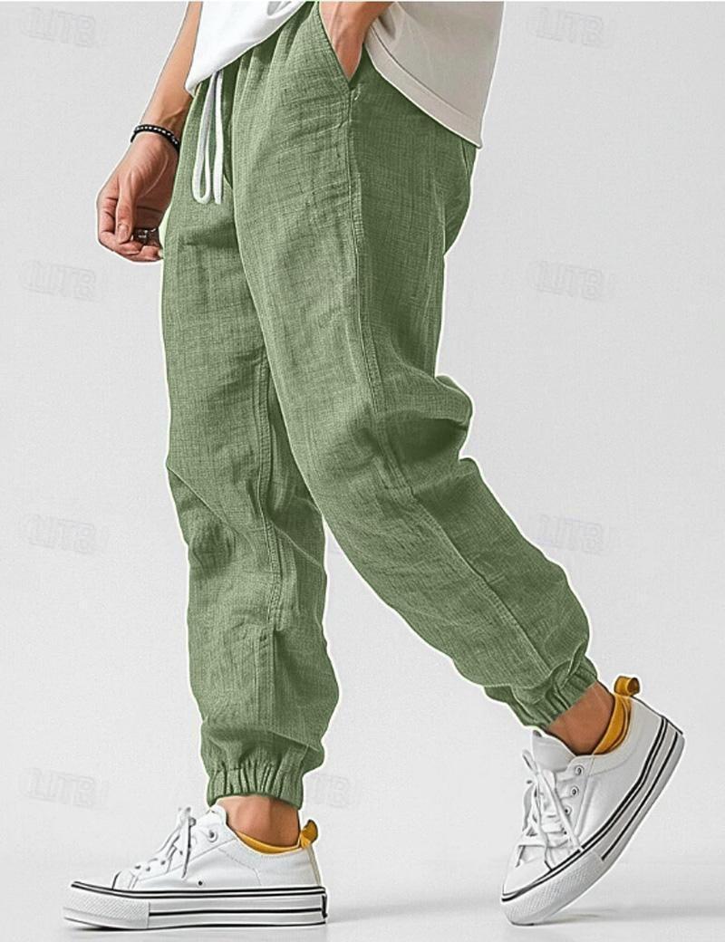 Spodnie lniane męskie luźne z gumką w pasie, na lato i na co dzień - joggery - Zielony