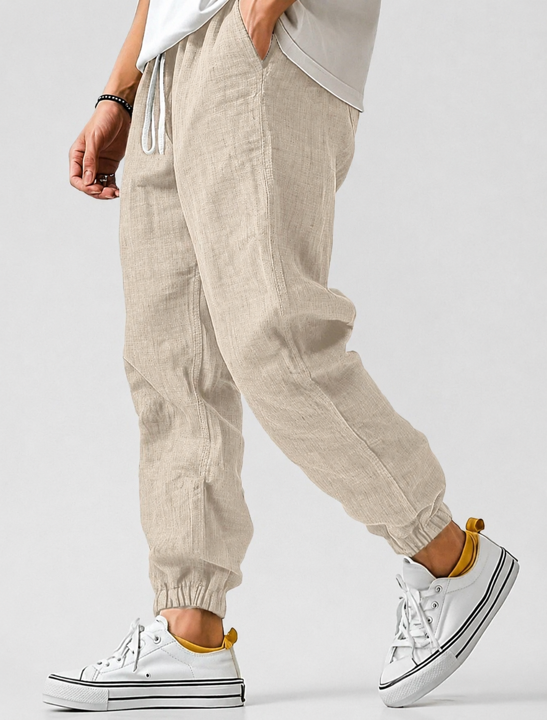 Spodnie lniane męskie typu jogger, letnie ze ściągaczem w pasie - Khaki