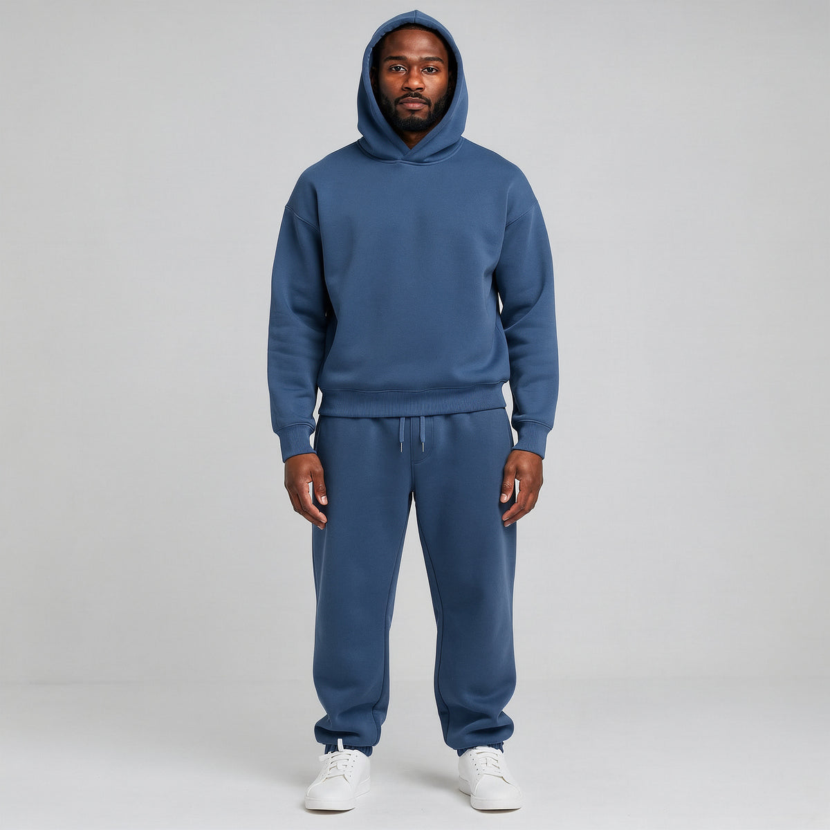 Dresy dzianinowe męskie, komplet oversize z kapturem, bluza i spodnie, luźny na co dzień – Niebieski