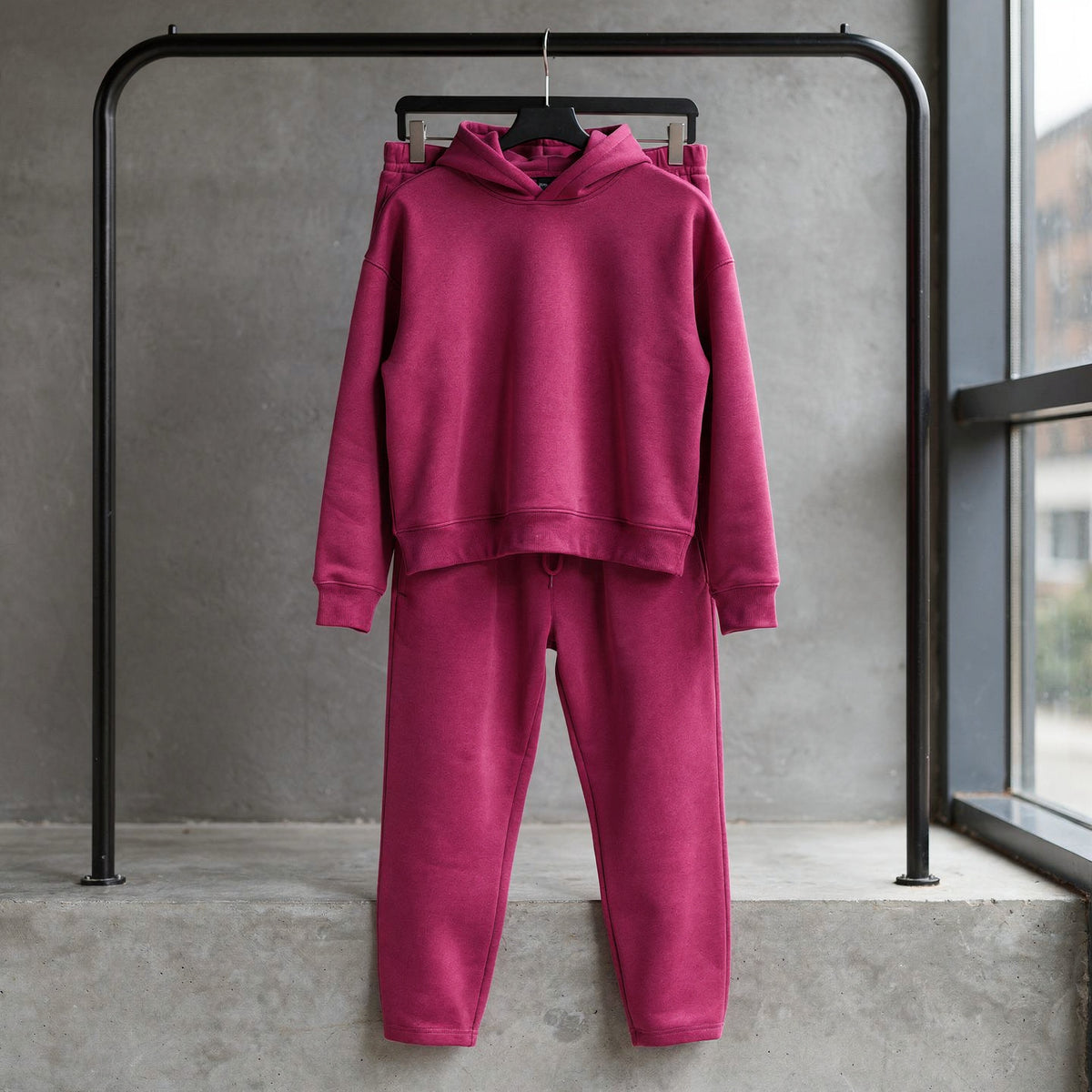 Komplet dresowy męski oversize z kapturem, bluza i spodnie joggery, luźny na co dzień – Ciemnorozowy