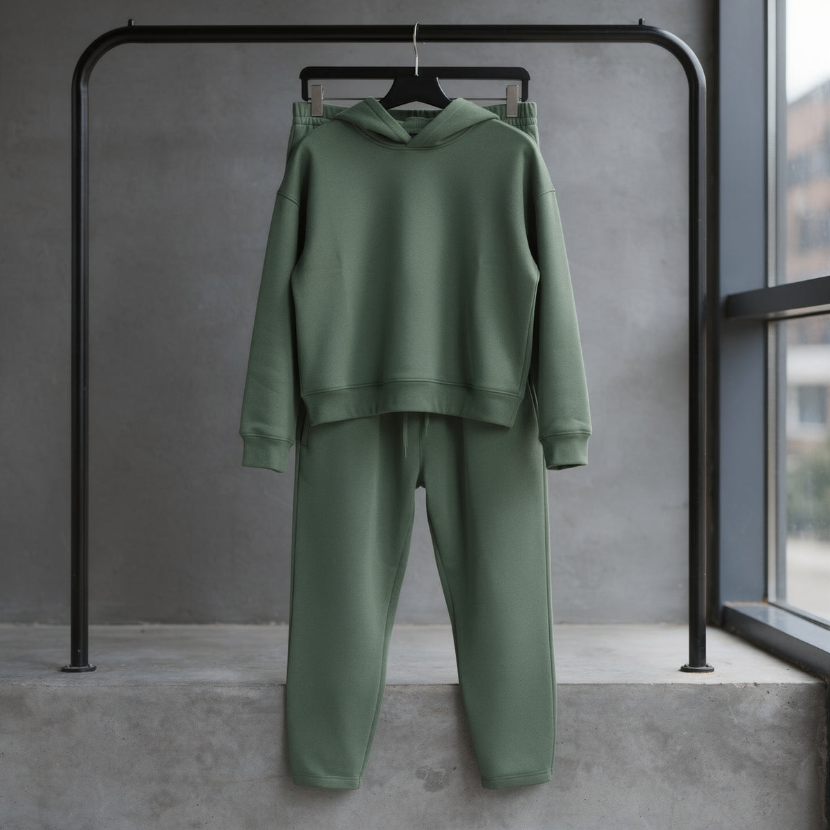 Komplet dresowy męski oversize z kapturem, bluza i spodnie joggery, luźny na co dzień – Zielony wojskowy