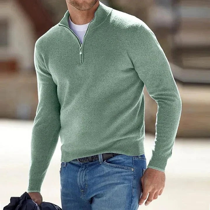 Sweter kaszmirowy męski na zamek ze stójką, elegancki i ciepły na zimę - Zielony
