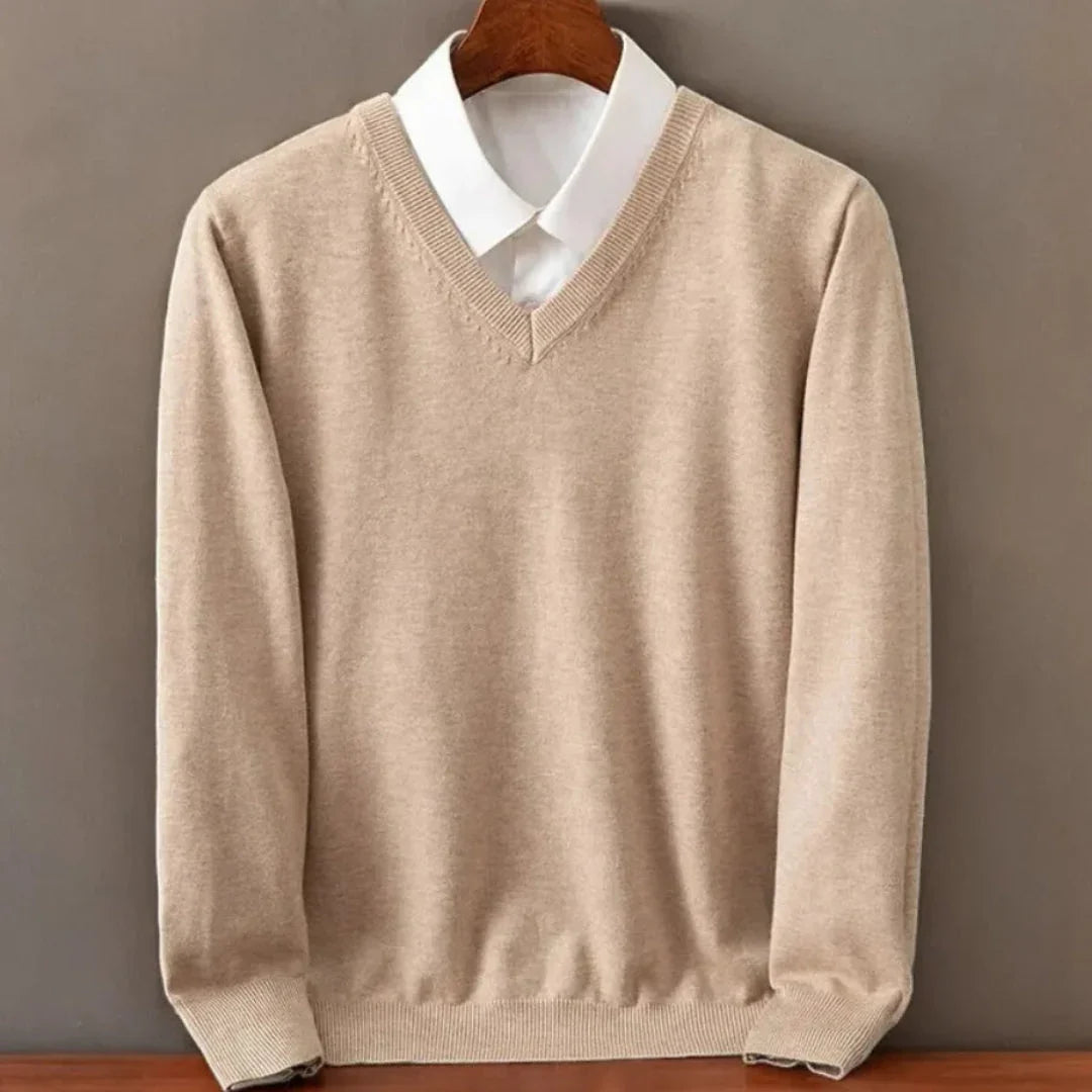 Sweter kaszmirowy męski w serek, elegancki do koszuli i na co dzień - Beżowy