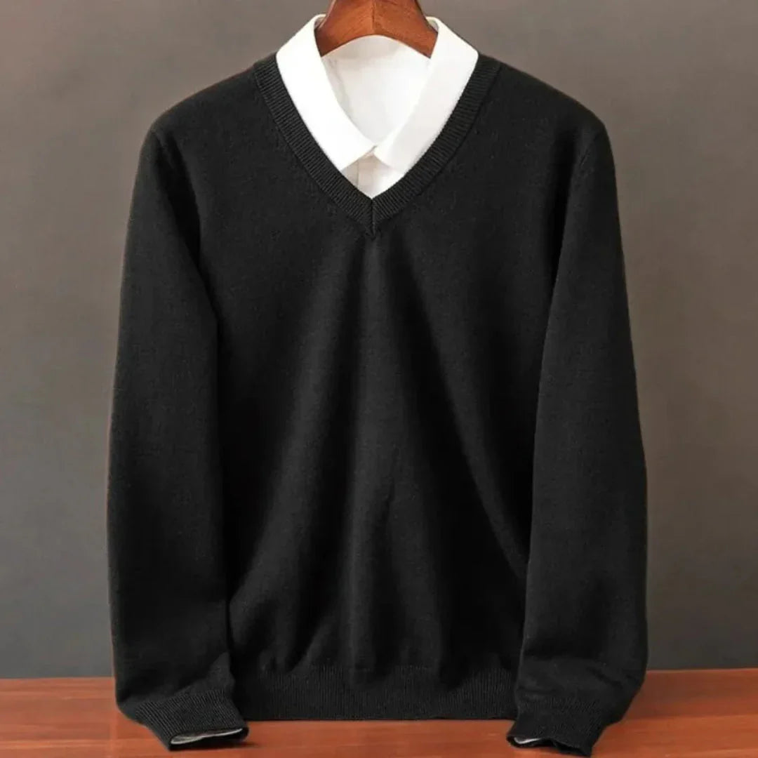 Sweter kaszmirowy męski w serek, elegancki do koszuli i na co dzień - Czarny