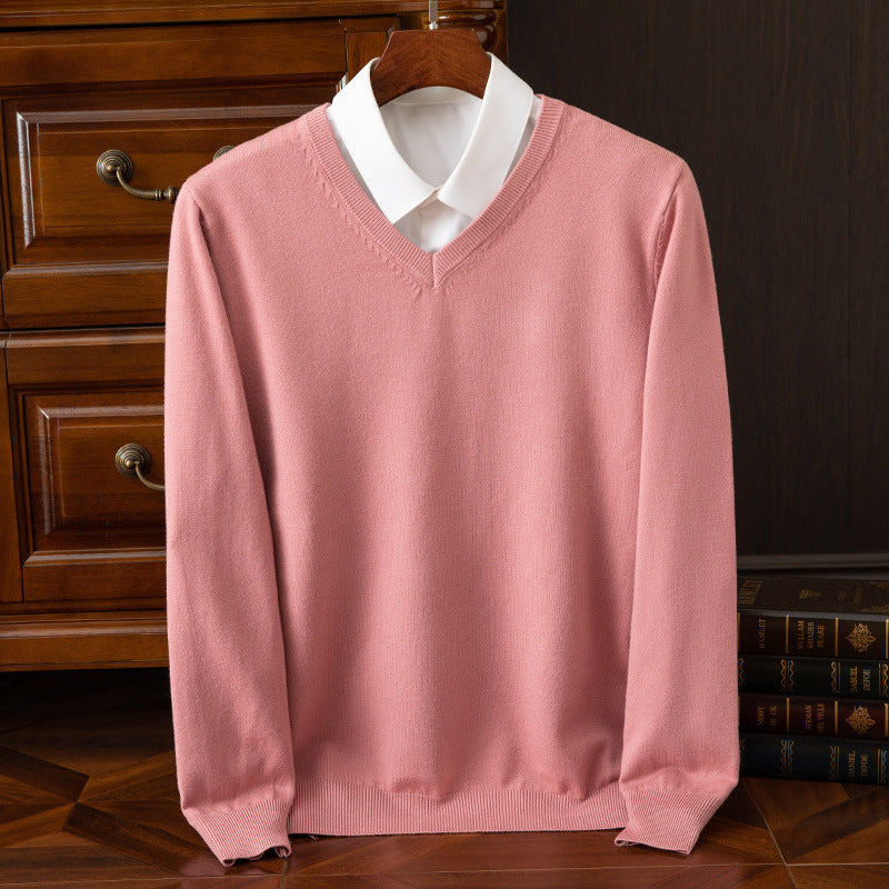 Sweter kaszmirowy męski w serek, elegancki i ciepły na zimę - dzianinowy do koszuli - Różowy