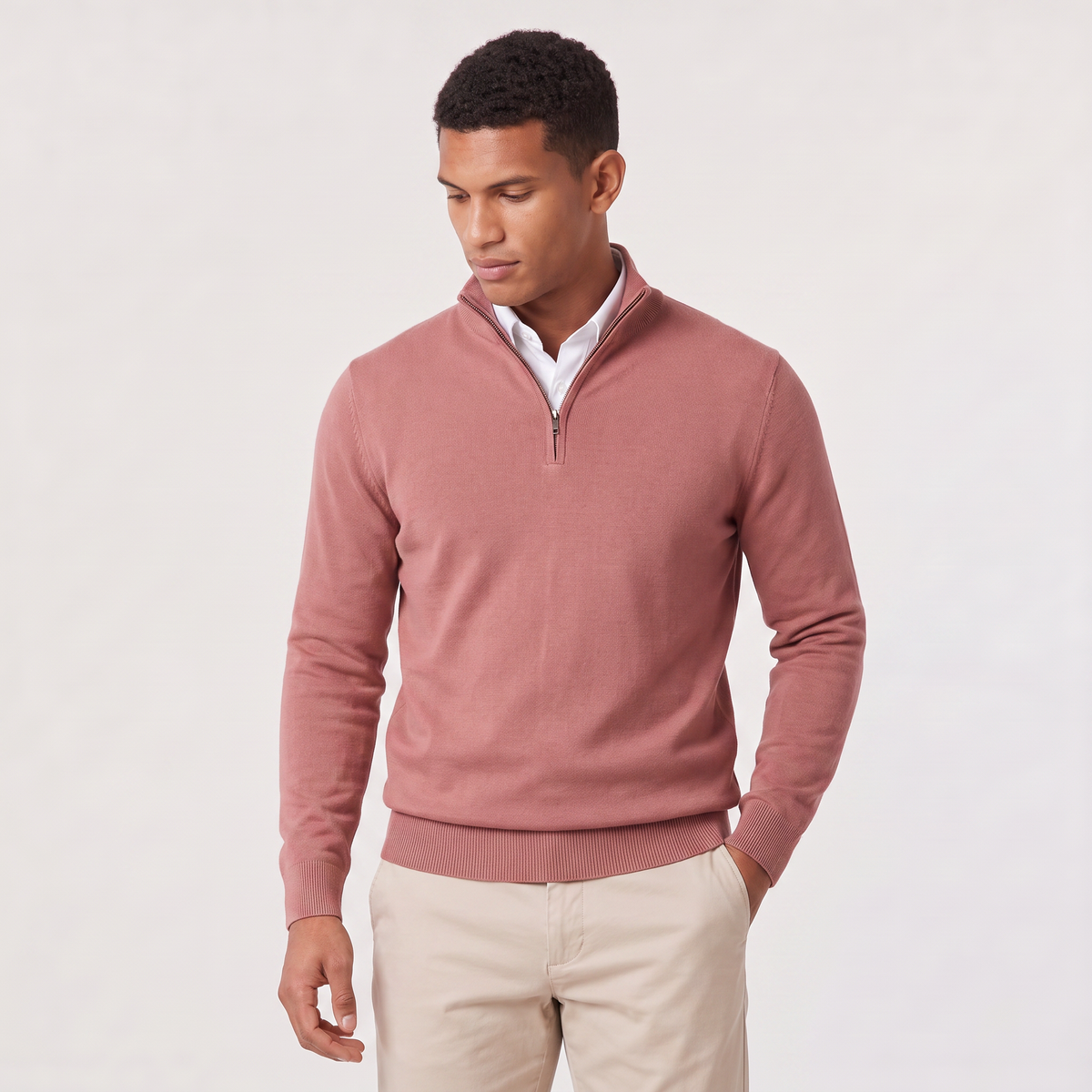 Sweter męski dzianinowy na zamek ze stójką, elegancki do koszuli i pod marynarkę - Różowy
