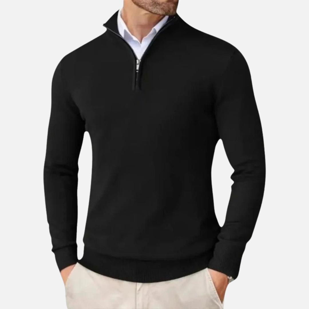 Sweter męski kaszmirowy z suwakiem, elegancki półgolf ze stójką na zimę - Czarny