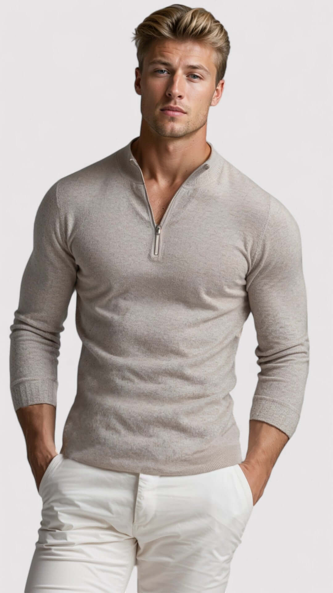 Sweter męski na zamek ze stójką, elegancki, dopasowany krój, do koszuli - zdjęcie 7