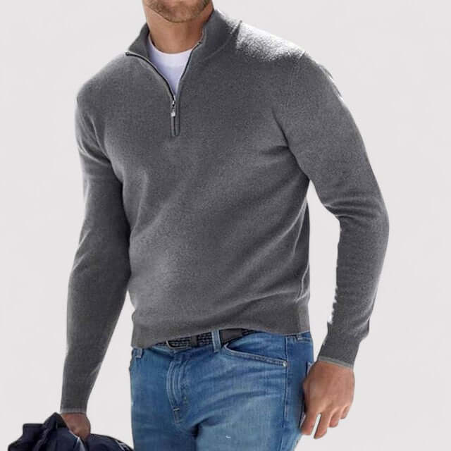 Sweter męski na zamek ze stójką, elegancki, dopasowany krój, do koszuli - Szary