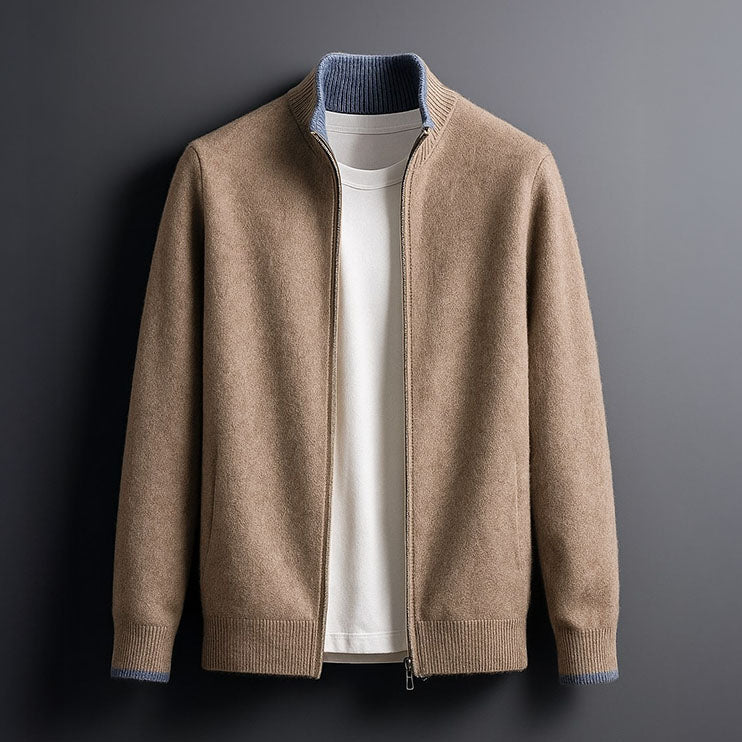 Sweter męski rozpinany na zamek z wełny merino, ze stójką - elegancki, ciepły - Karmelowy