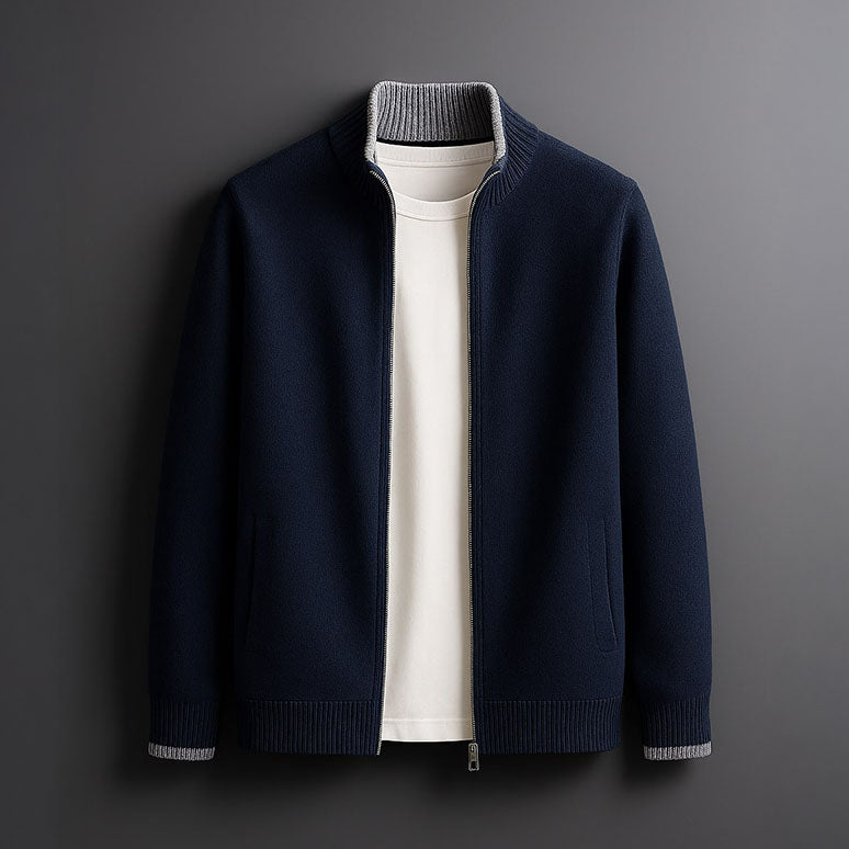 Sweter męski rozpinany na zamek z wełny merino, ze stójką - elegancki, ciepły - Niebieski