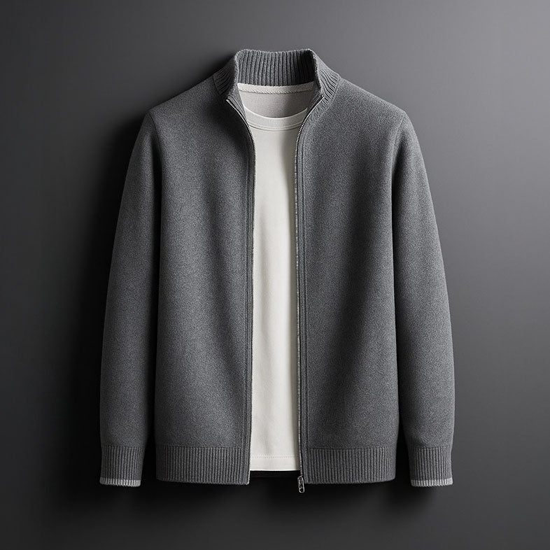 Sweter męski rozpinany na zamek z wełny merino, ze stójką - elegancki, ciepły - Szary