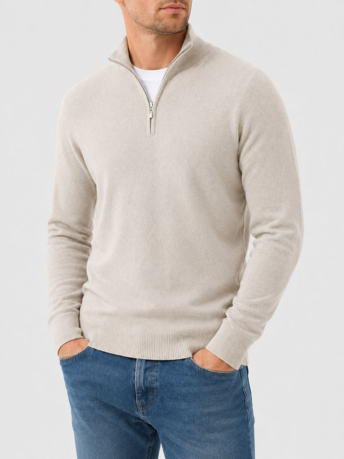 Sweter męski wełniany z zamkiem i stójką, elegancki na co dzień - półgolf na zimę - Beżowy