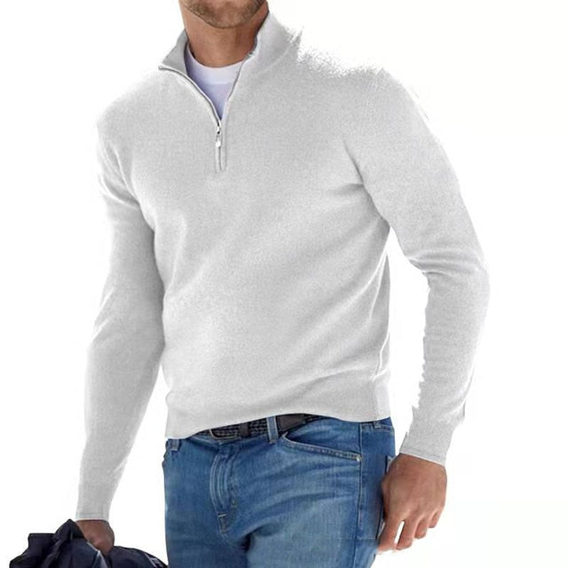 Sweter męski wełniany z zamkiem i stójką, elegancki na co dzień - półgolf na zimę - Biały