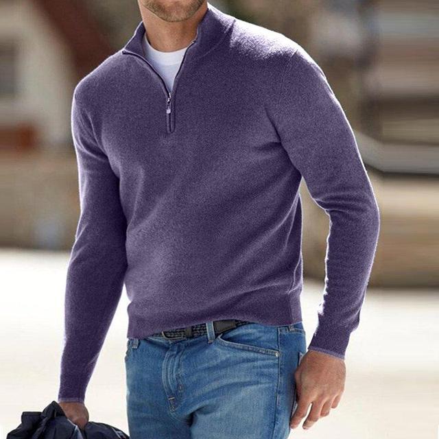 Sweter męski wełniany z zamkiem i stójką, elegancki na co dzień - półgolf na zimę - Fioletowy
