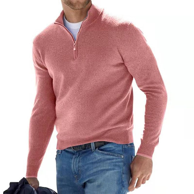 Sweter męski wełniany z zamkiem i stójką, elegancki na co dzień - półgolf na zimę - Różowy
