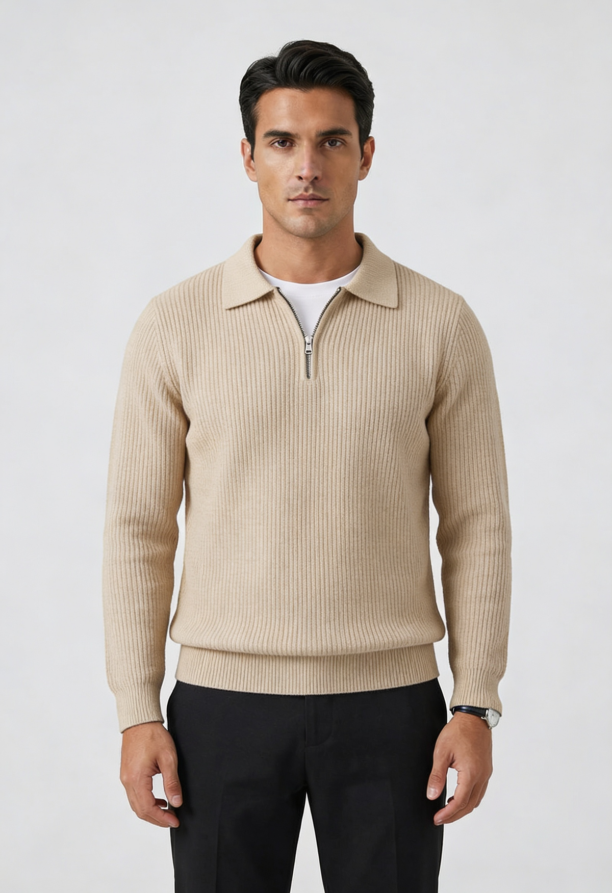 Sweter męski z suwakiem i kołnierzem, elegancki na jesień i zimę - półgolf ze stójką - Beżowy