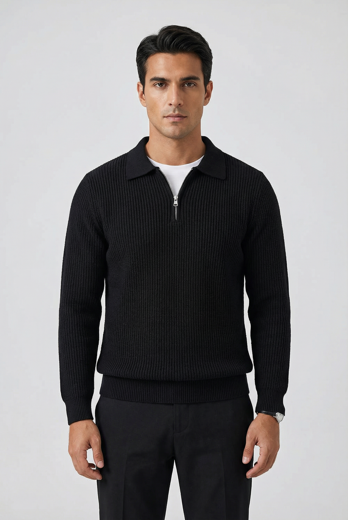 Sweter męski z suwakiem i kołnierzem, elegancki na jesień i zimę - półgolf ze stójką - Czarny