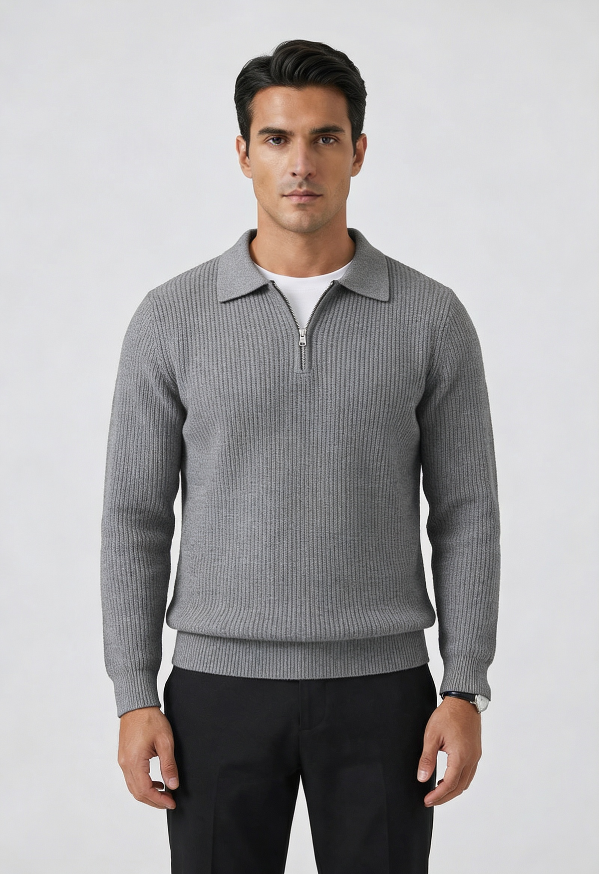 Sweter męski z suwakiem i kołnierzem, elegancki na jesień i zimę - półgolf ze stójką - Szary