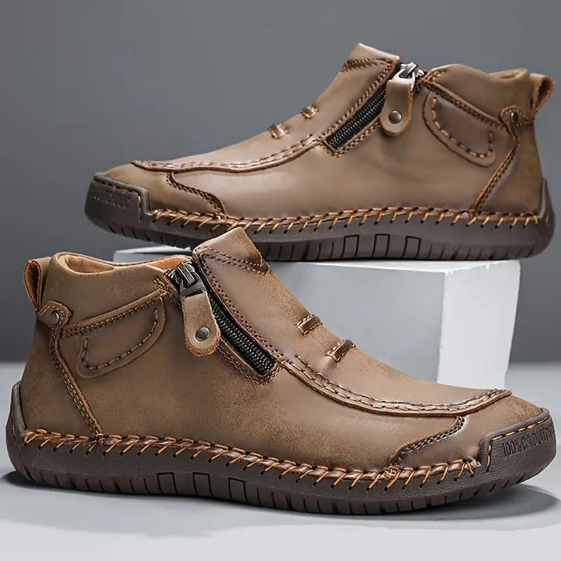 Trzewiki męskie skórzane za kostkę z bocznym zamkiem, szyte ręcznie, na co dzień - botki casual - Khaki